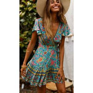 L'ATISTE blue floral true wrap dress Size Sm Boho Hippie Romantic Cottage